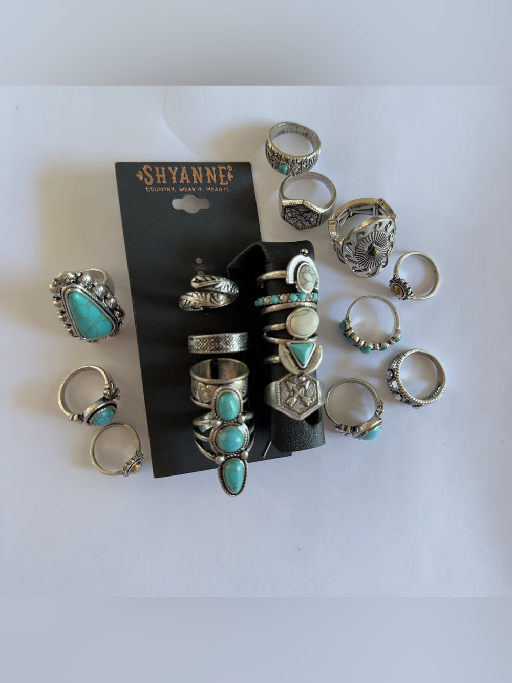 Sizes 6,7, 8 & 9 Shyanne Silver Tone Ring Stack with Turquoise and White Accents